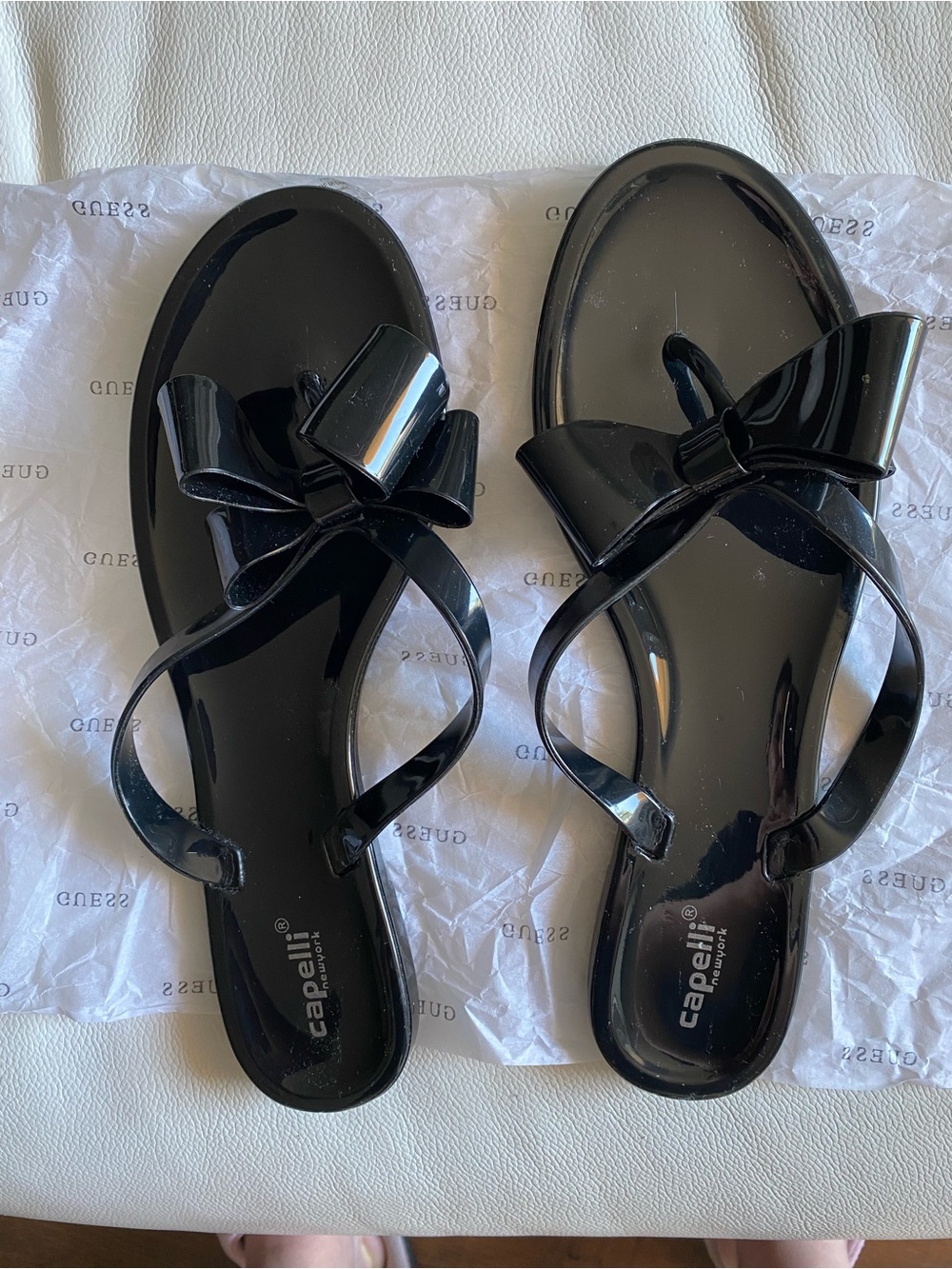 Capelli of New York Black Jelly Slide Sandals with Bow Accent - Size 10